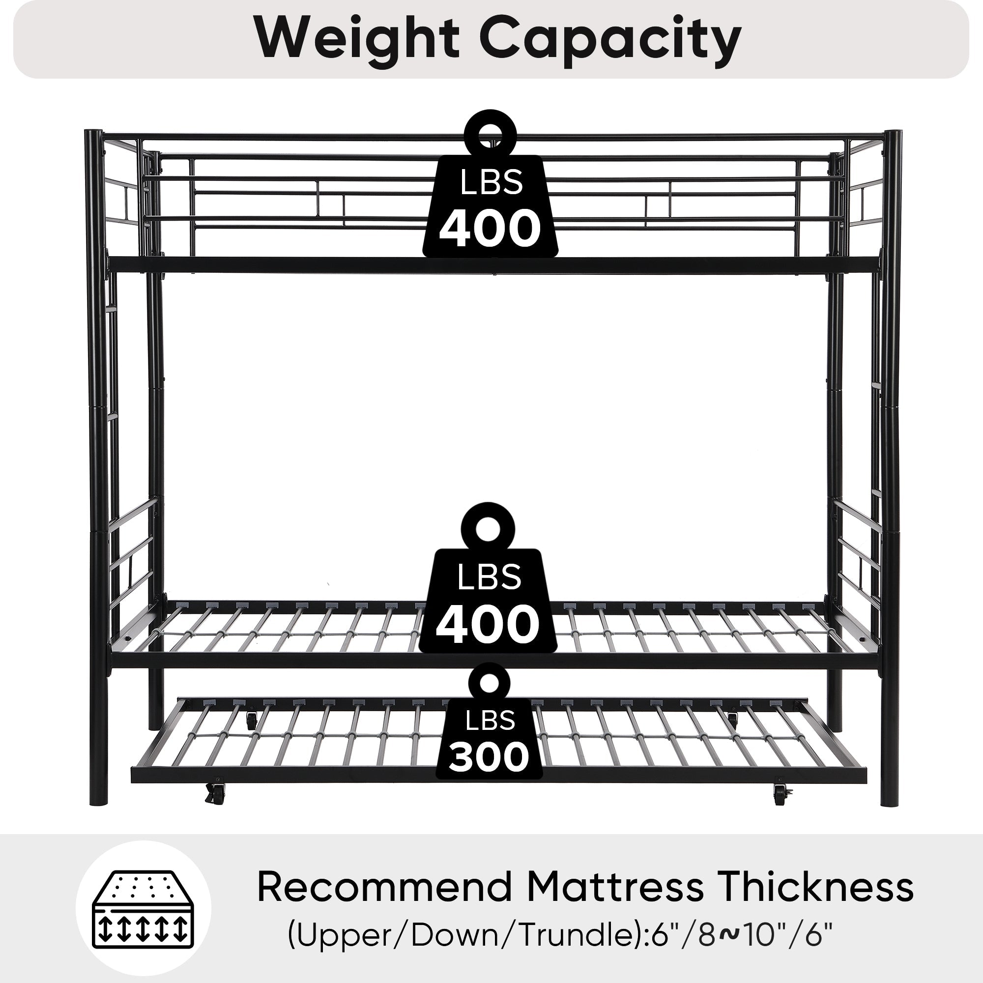 Twin bunk bed frame with trailer, metal bunk bed with sturdy guardrail and side ladder, can be divided into two beds, black