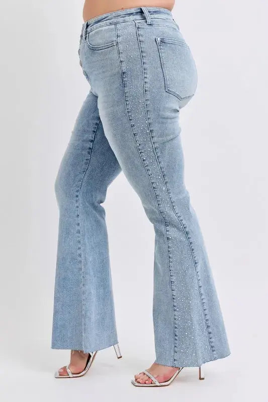 Mid Rise Rhinestone Side Panel Flare Judy Blue Jeans