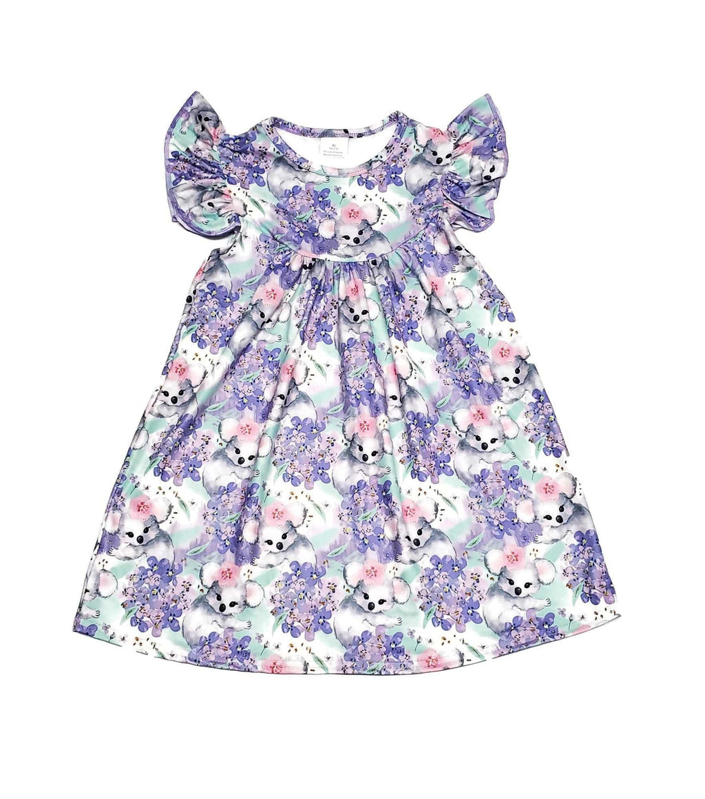 Koala and Hydrangeas Milk Silk Flutter Dress