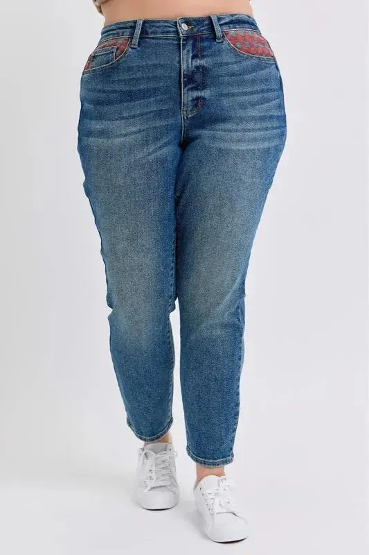 Plus Size High Waist Plaid Patch Slim Fit Judy Blue Jeans