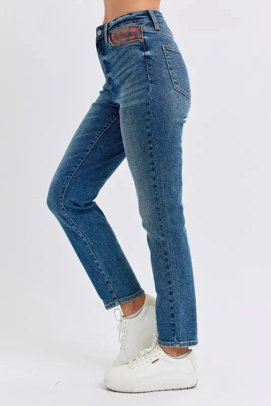 Plus Size High Waist Plaid Patch Slim Fit Judy Blue Jeans