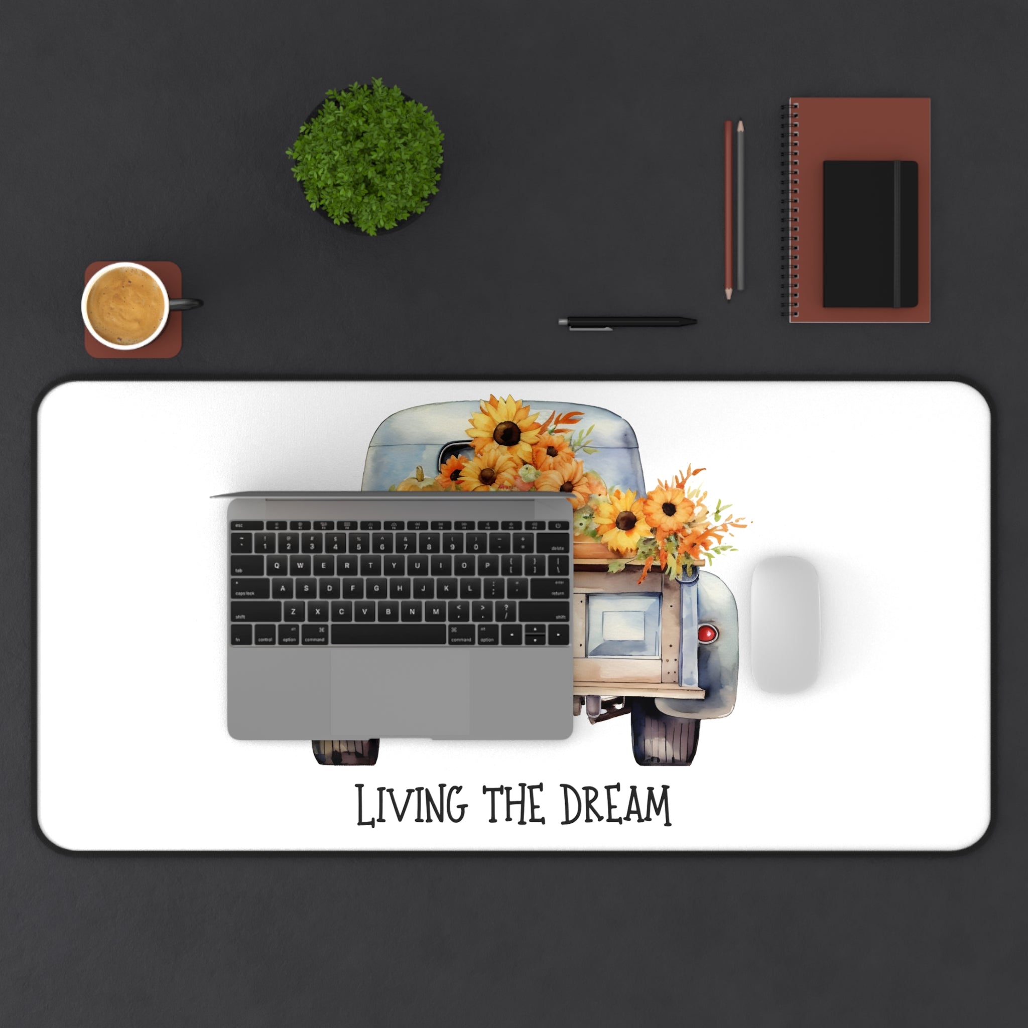 Rustic Desk Mat with Sunflowers - Living the Dream Office Decor, Gamer Mat, Gift for Home Office, Vintage Car Design, Boho Style