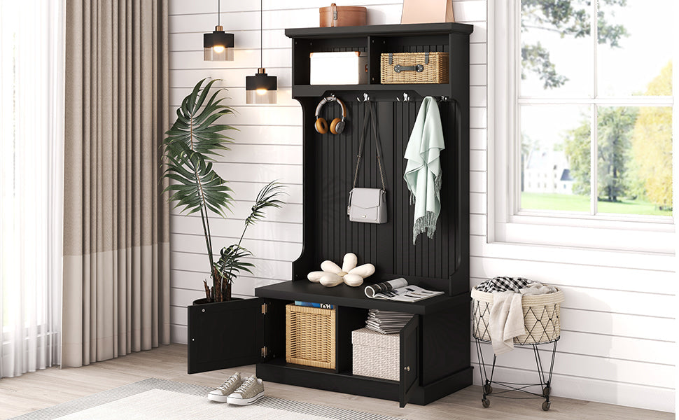 Hall Tree with Storage Shoe Bench for Entryway and Hallway 4-in-1 Design Coat Racks with 4 Hooks for Living Room Black