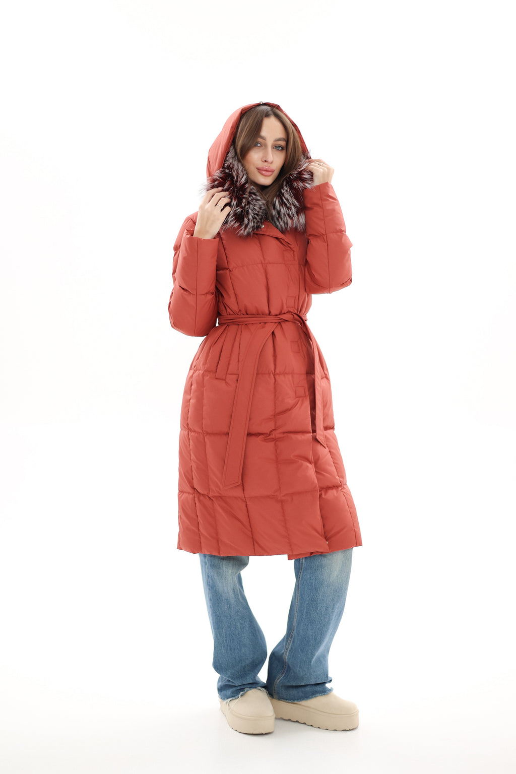 Genuine Silver Fox Fur Trim Down Coat