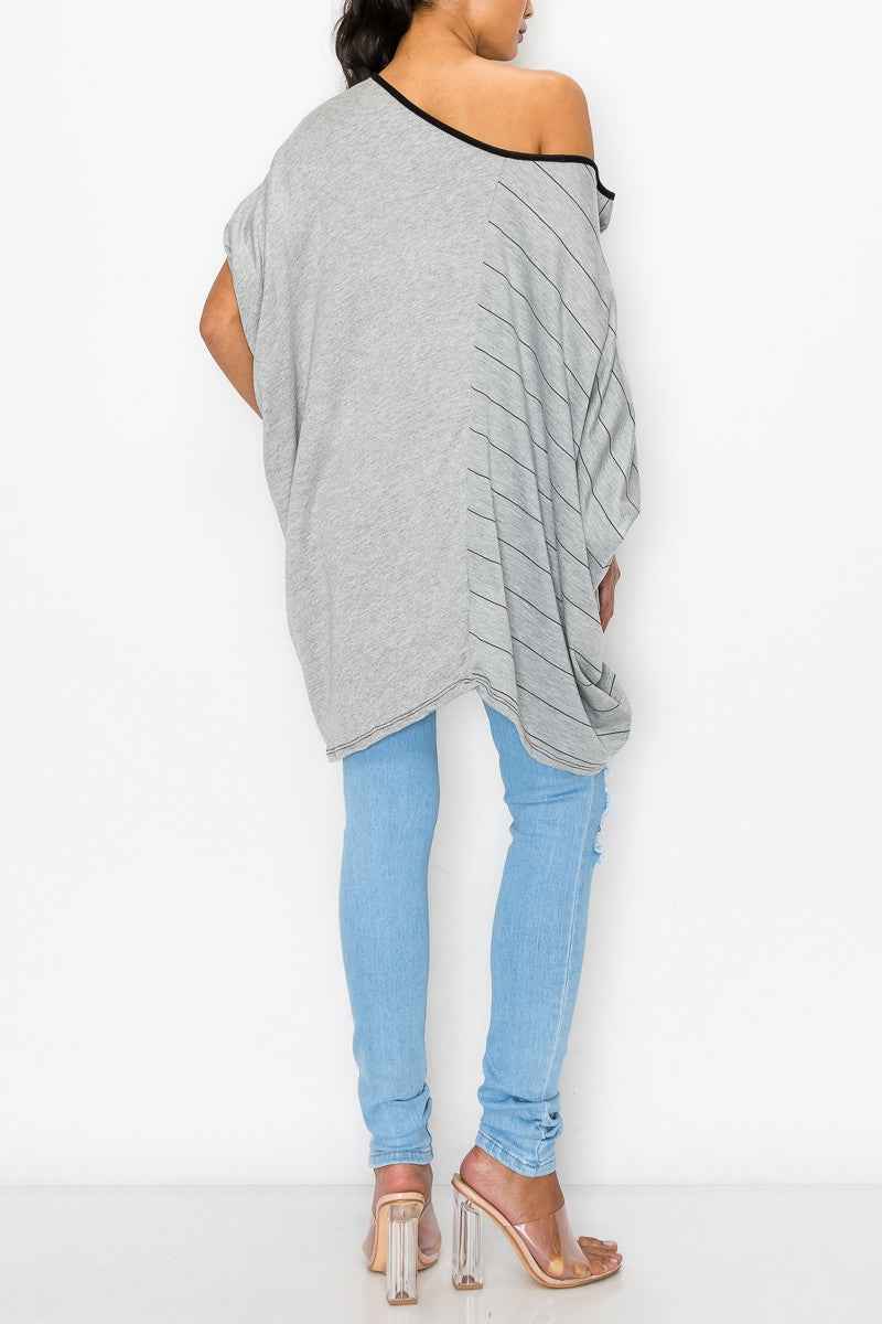 Stripe and Solid Contrast Oversized Women's Top Grey - Trendy and Comfortable