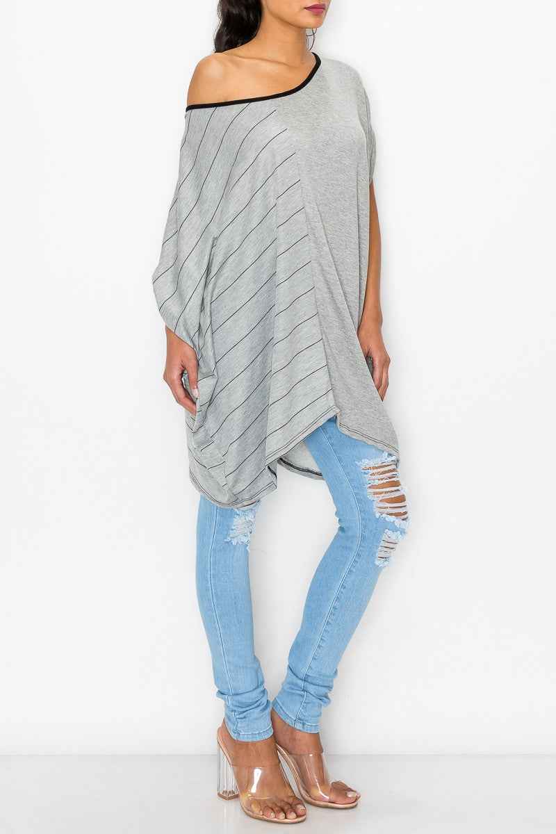 Stripe and Solid Contrast Oversized Women's Top Grey - Trendy and Comfortable