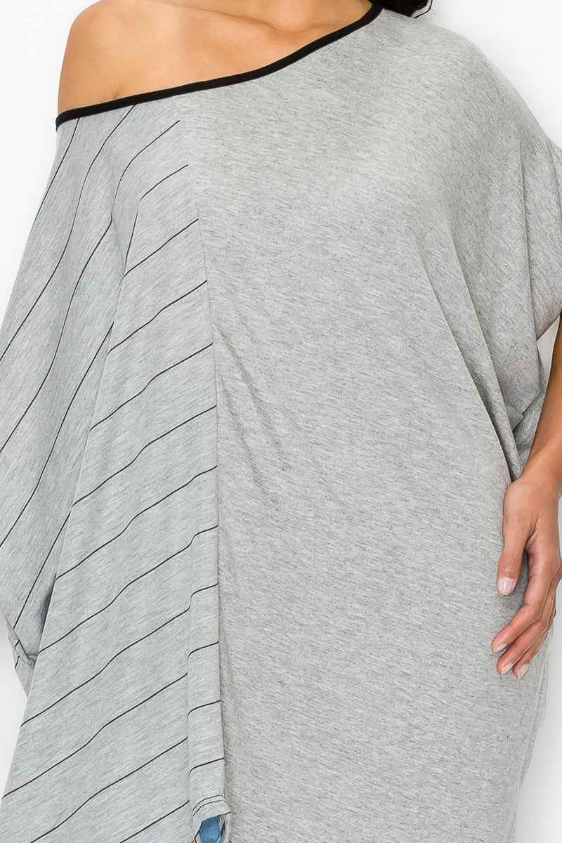 Stripe and Solid Contrast Oversized Women's Top Grey - Trendy and Comfortable