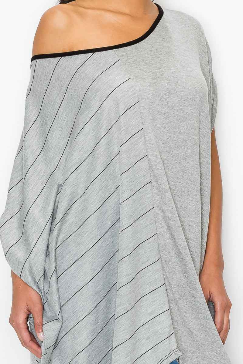 Stripe and Solid Contrast Oversized Women's Top Grey - Trendy and Comfortable