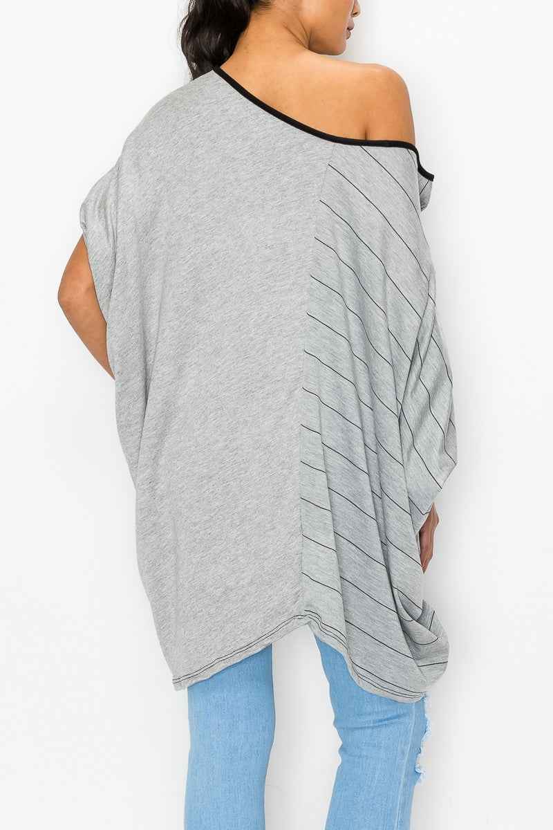 Stripe and Solid Contrast Oversized Women's Top Grey - Trendy and Comfortable