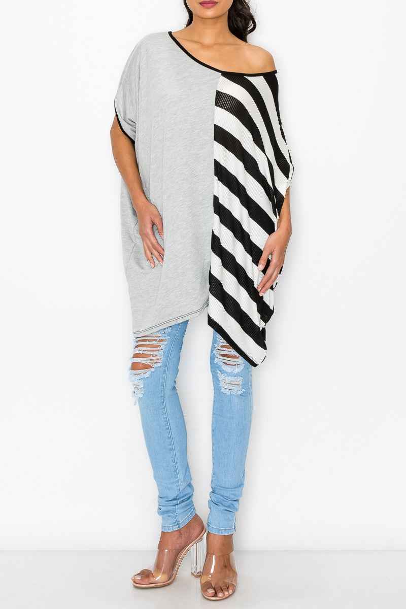 Stripe Oversized Women's Top - Grey/Black Contrast Oversized Women's Top