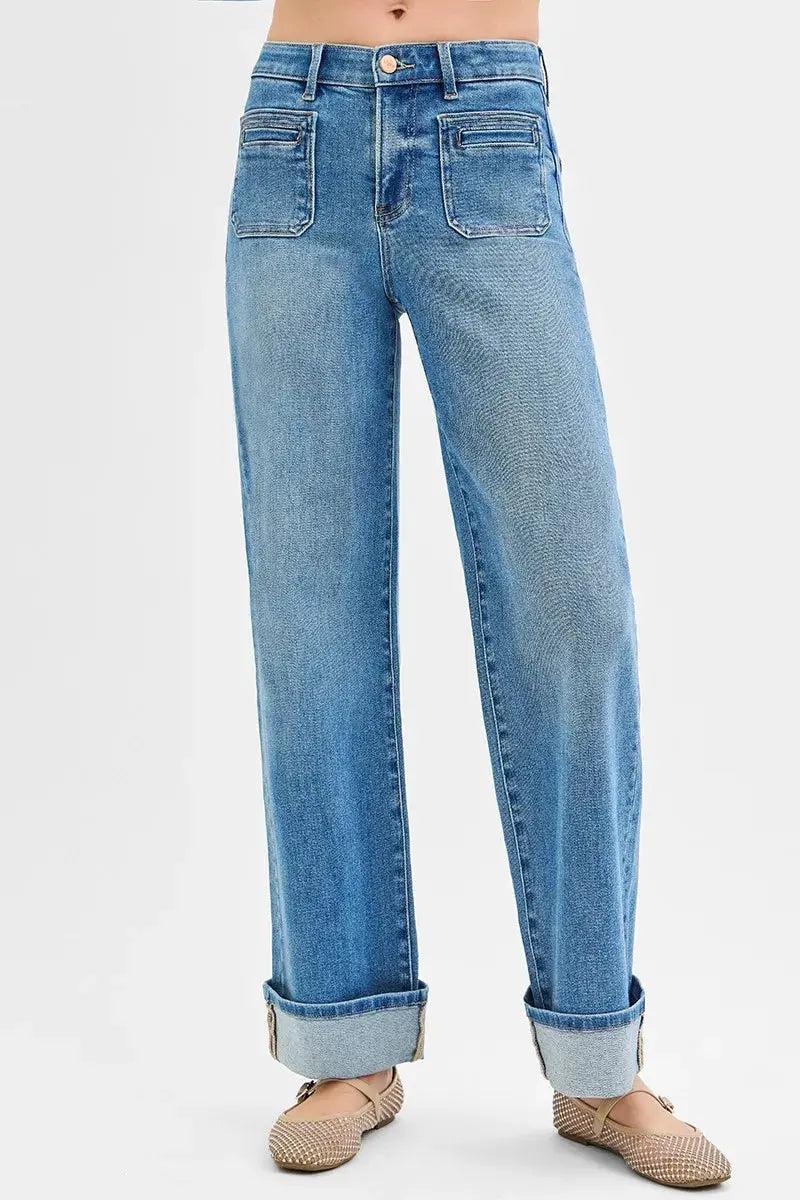 Full Size Elastic Band Mid Rise Wide Front Patch Pocket Cuff RISEN Jeans