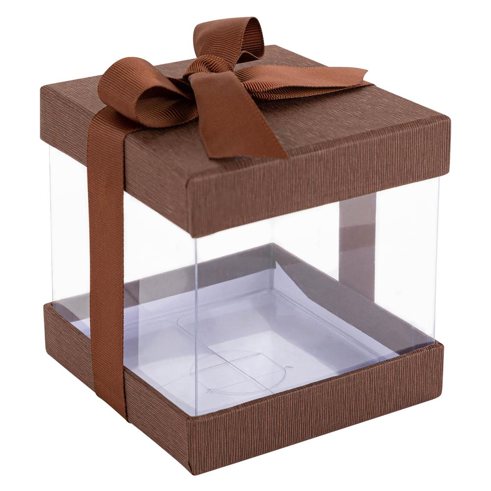 Clear Plastic Gift Boxes Brown Bakery Boxes With Base Lid & Ribbon