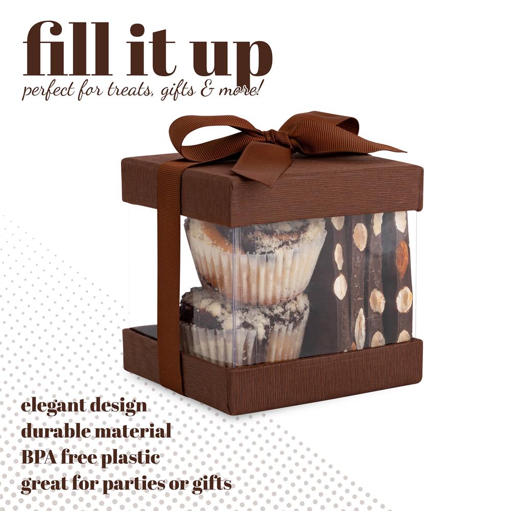 Clear Plastic Gift Boxes Brown Bakery Boxes With Base Lid & Ribbon