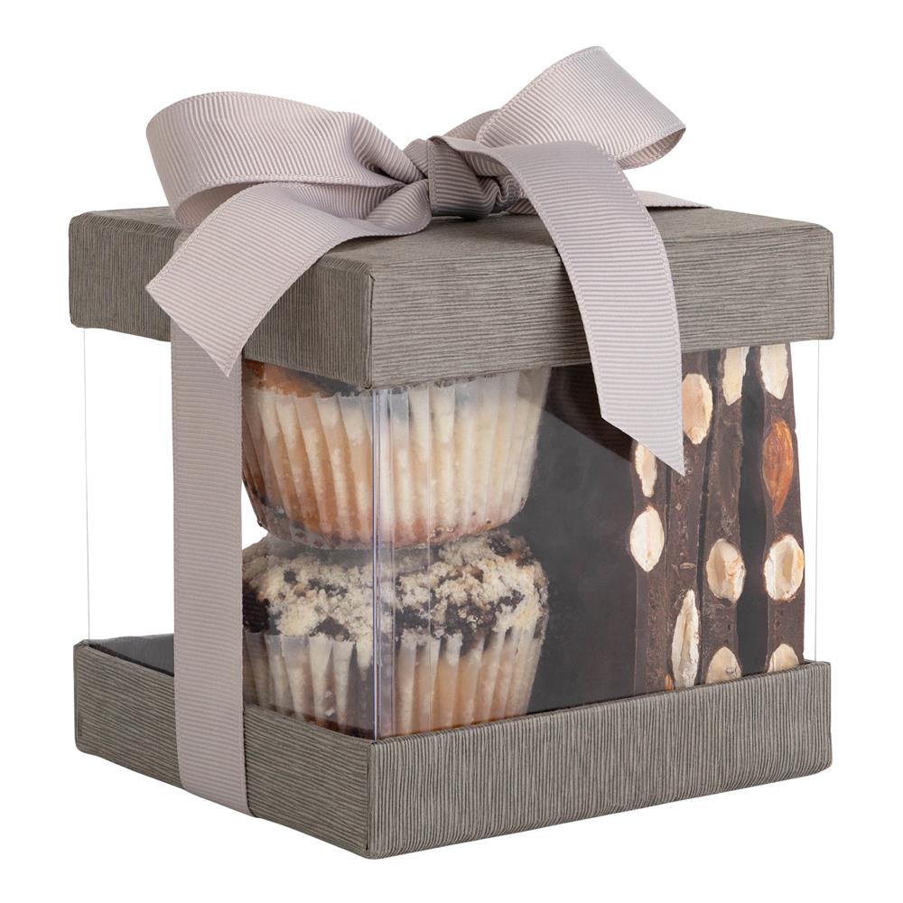 Plastic Gift Boxes Gray Bakery Boxes With Base Lid & Ribbon