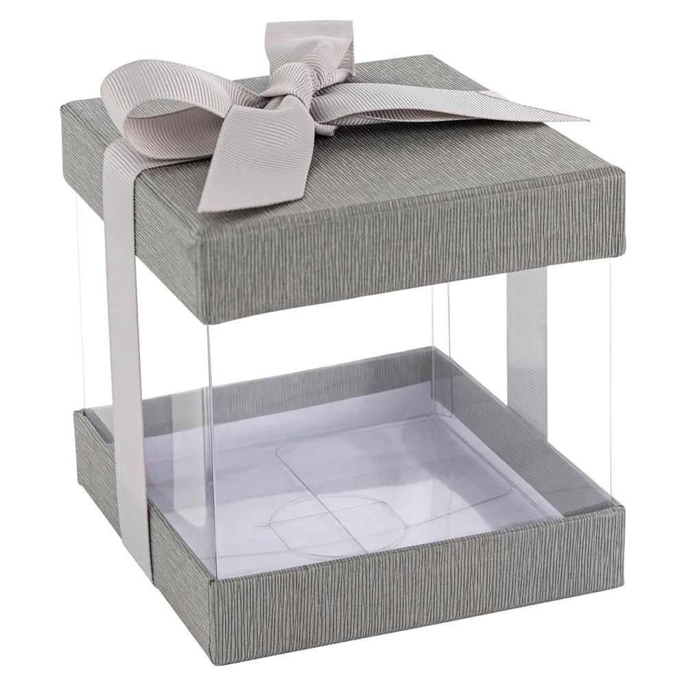 Plastic Gift Boxes Gray Bakery Boxes With Base Lid & Ribbon