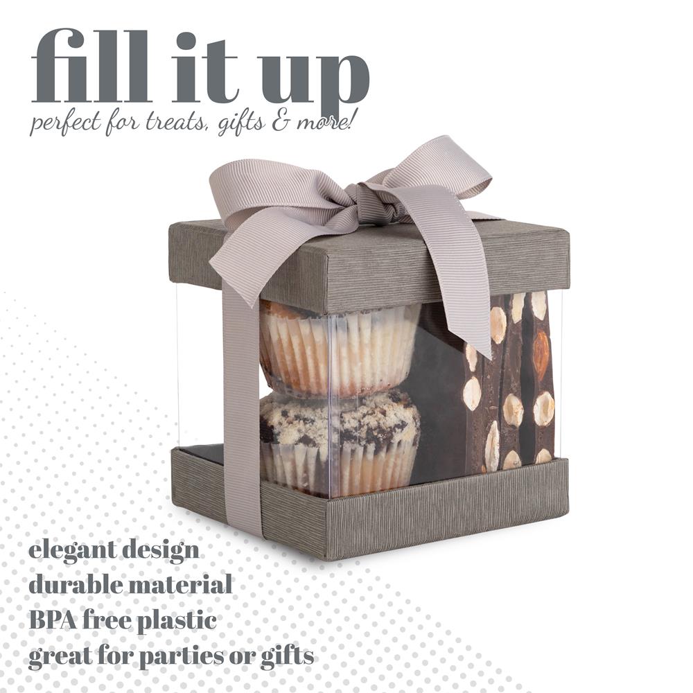 Plastic Gift Boxes Gray Bakery Boxes With Base Lid & Ribbon