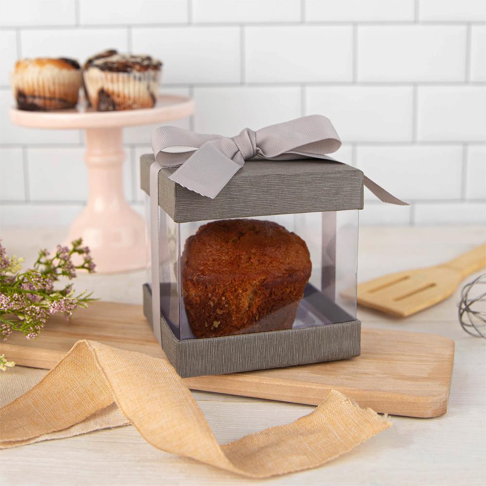 Plastic Gift Boxes Gray Bakery Boxes With Base Lid & Ribbon