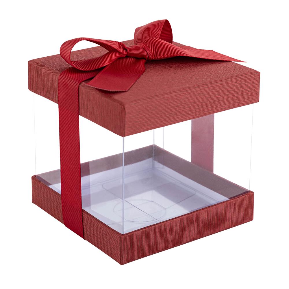 Clear Plastic Gift Boxes Maroon Bakery Boxes With Base Lid & Ribbon