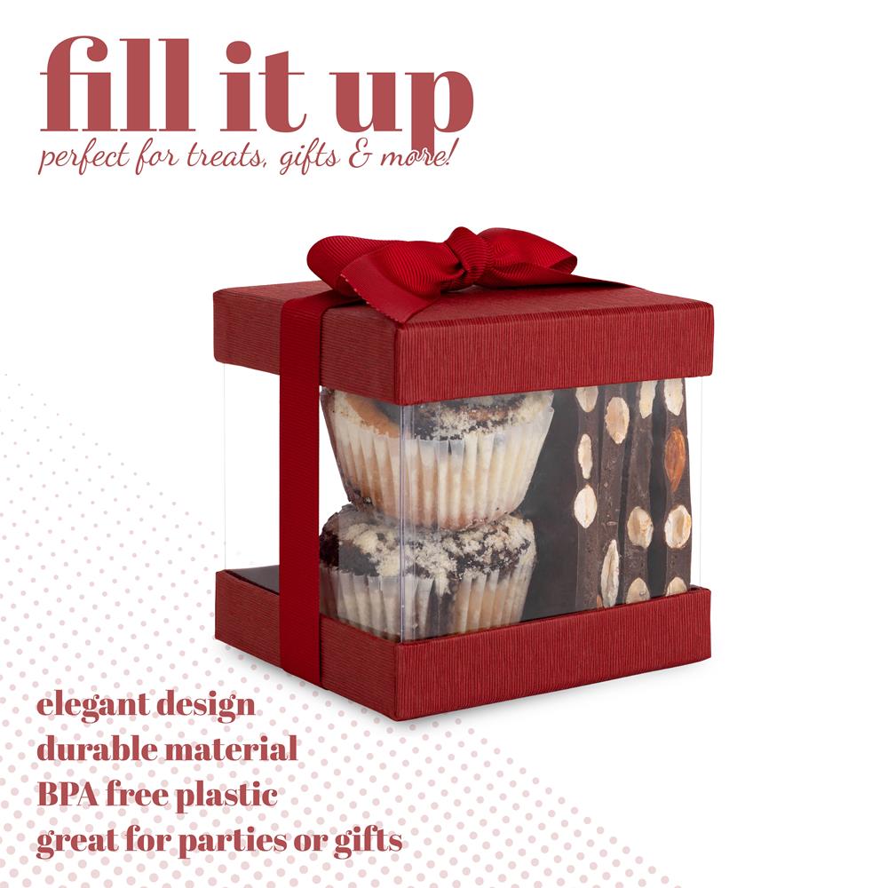 Clear Plastic Gift Boxes Maroon Bakery Boxes With Base Lid & Ribbon