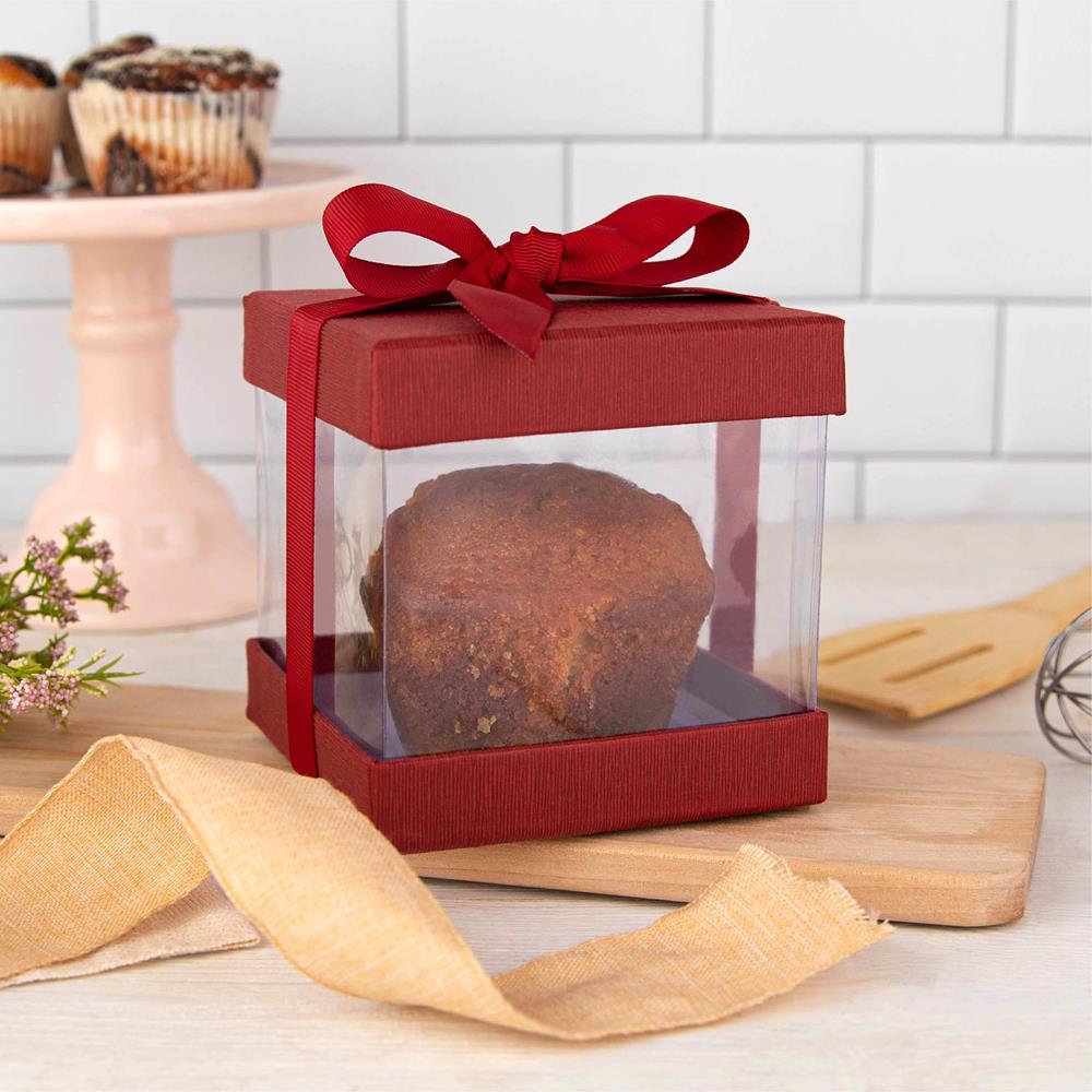 Clear Plastic Gift Boxes Maroon Bakery Boxes With Base Lid & Ribbon