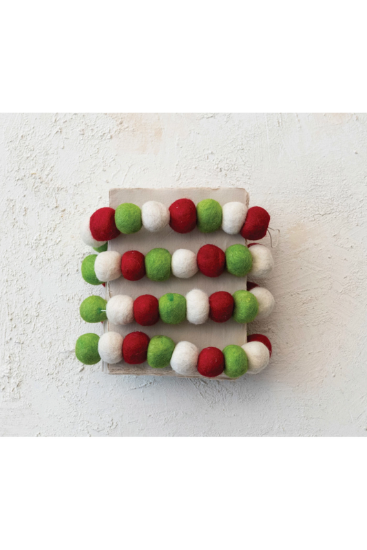 Handmade Wool Felt Ball Garland, Red, Green & Cream Color