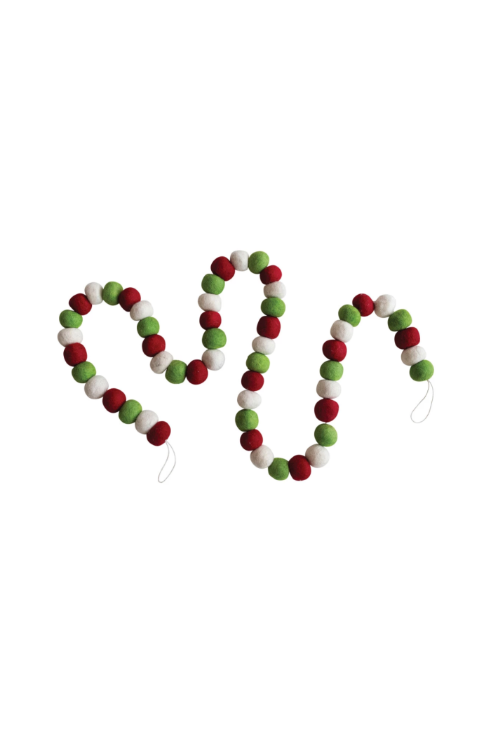 Handmade Wool Felt Ball Garland, Red, Green & Cream Color