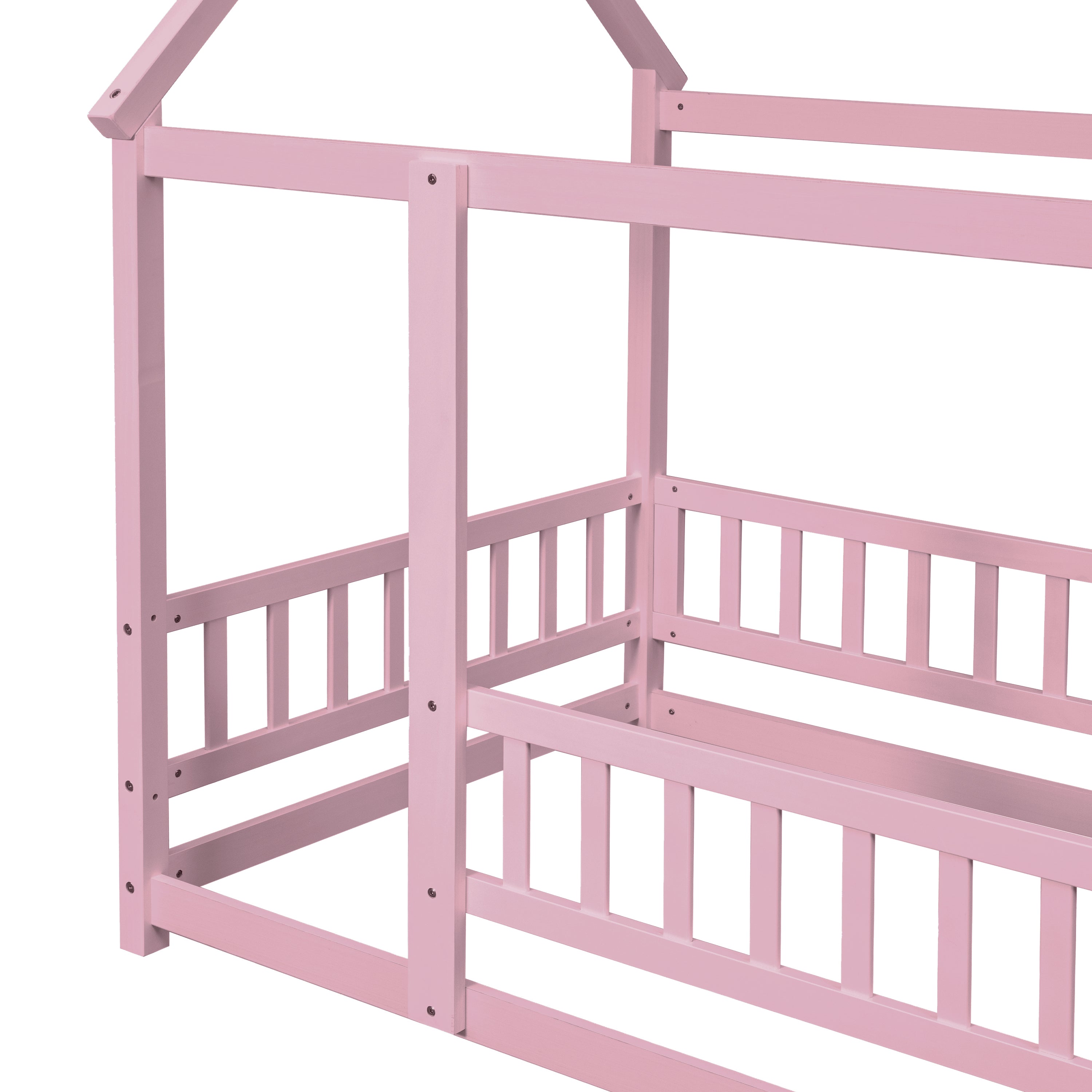 Twin Size Floor Wooden Bed with House Roof Frame, Fence Guardrails,Pink