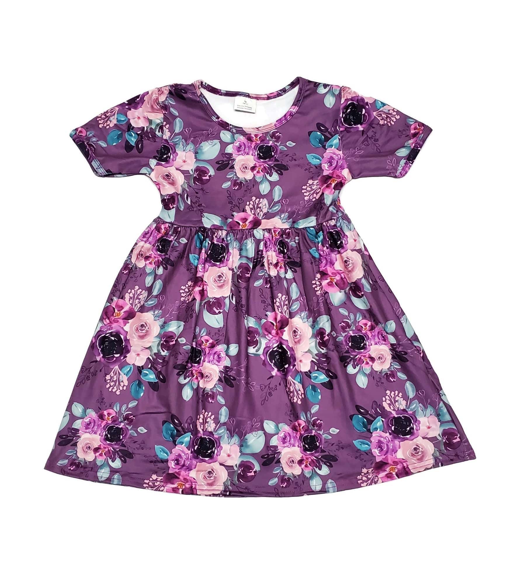 Purple Floral Short Sleeve Milk Silk Dress