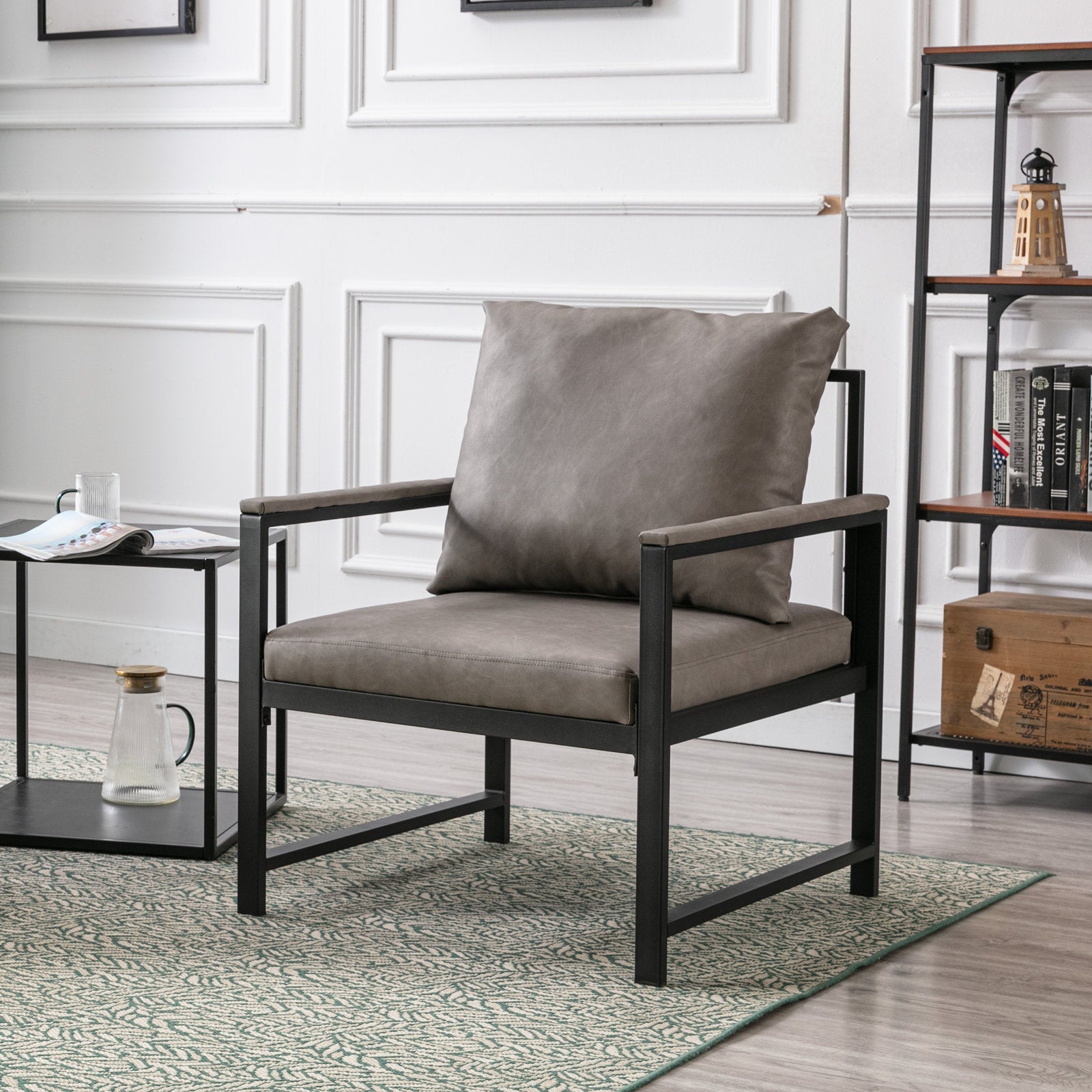 A&A Furniture Modern Faux Leather Accent Chair with Black Powder Coated Metal Frame Gray