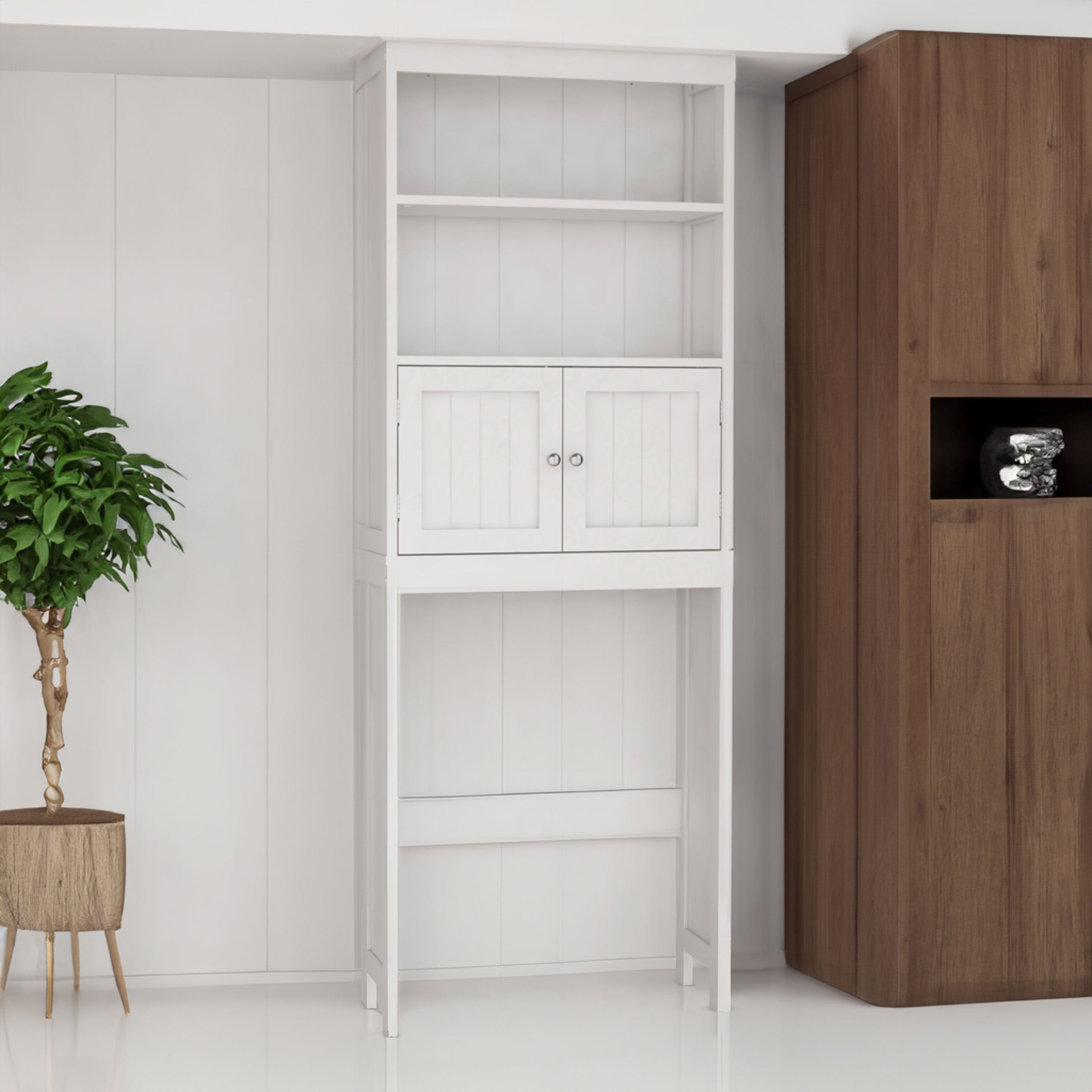 Over The Toilet Rack 2 -Tier Toilet Bathroom Spacesaver Storage Shelf with 2 Doors Wood Storage Organizer Cabinet