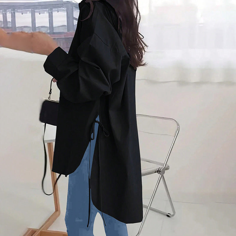 Women's Casual Loose-Fit Long Sleeve Shirt - Side Slit Tie Detail Button-Down Blouse, Solid Color Top