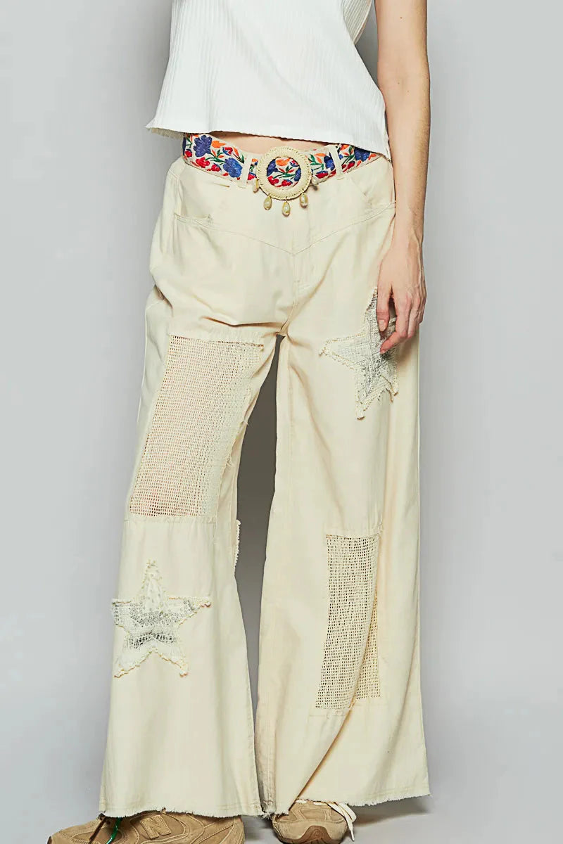POL Raw Hem Star Patch Boho Wide Leg Pants – Cotton Statement Bottoms