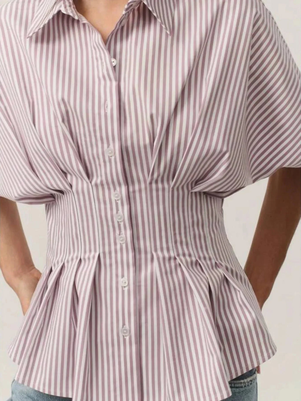 Pinstripe Puff Sleeve Cinched Waist Button Up Shirt