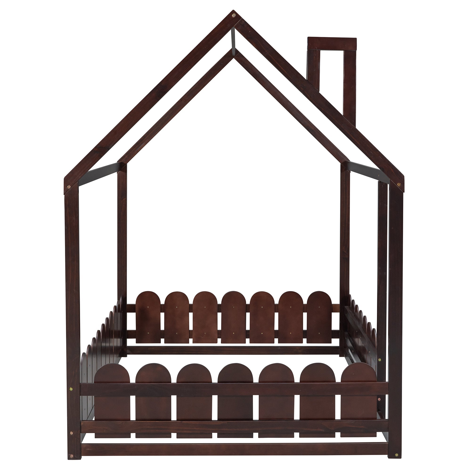 (Slats are not included)Full Size Wood Bed House Bed Frame with Fence for Kids Teens Girls Boys (Espresso )