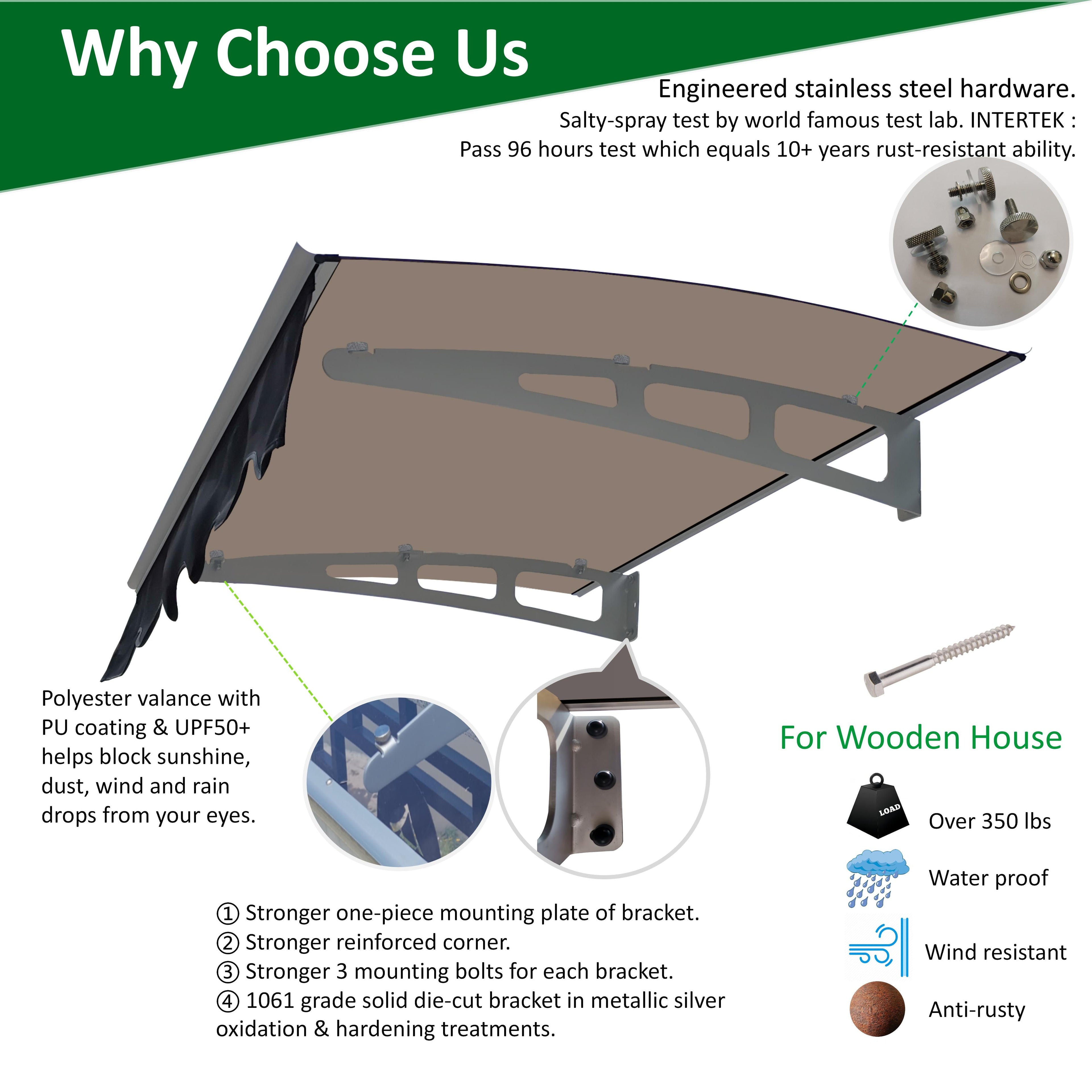 DA4734W Series Door Window Awning Made of 0.137 Inch Thick Crystal Polycarbonate Sheet in size of 47" Wide x 34" Brown Roof