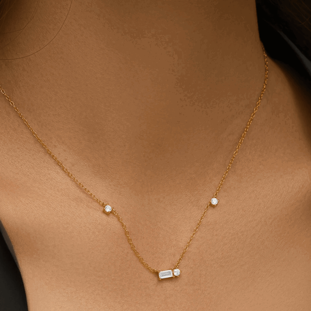 Starluxe Delicate Necklace with Three Round Cut and One Emerald Cut Cubic Zirconia Stones-Crystal Dream Necklace