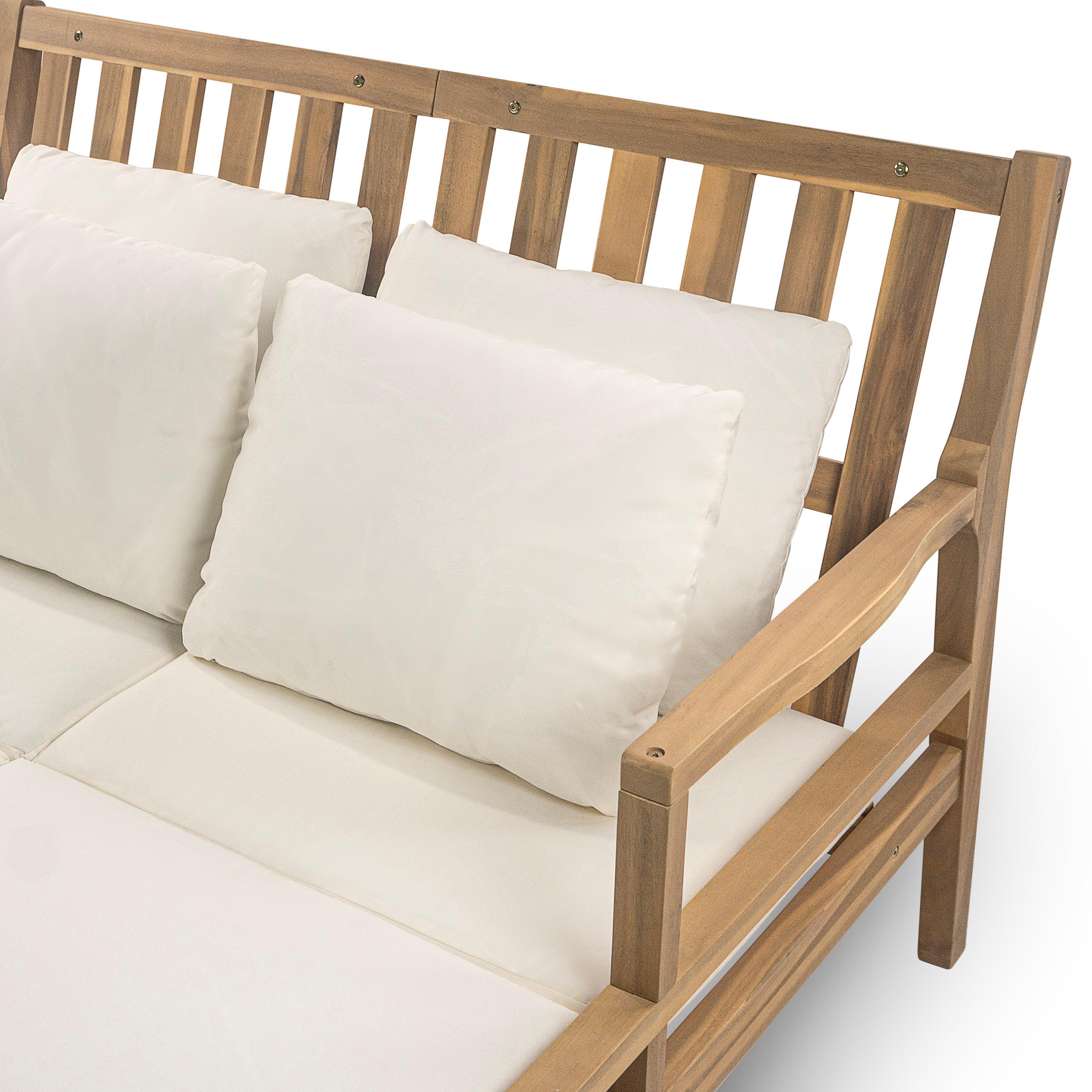 Outdoor Daybed, Patio Daybed with Four Pillows, Wooden Outdoor Bed with Curved Armrests for Poolside, Backyard, Garden