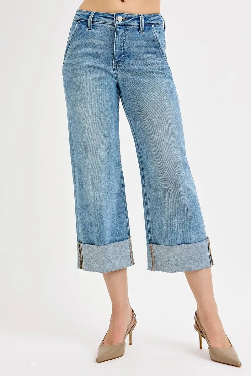 RISEN High Rise Ankle Wide Cuffed Jeans