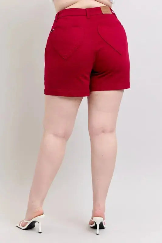 Plus Size High Waist Tummy Control Garment Dyed Heart Shaped Denim Shorts by Judy Blue Jeans