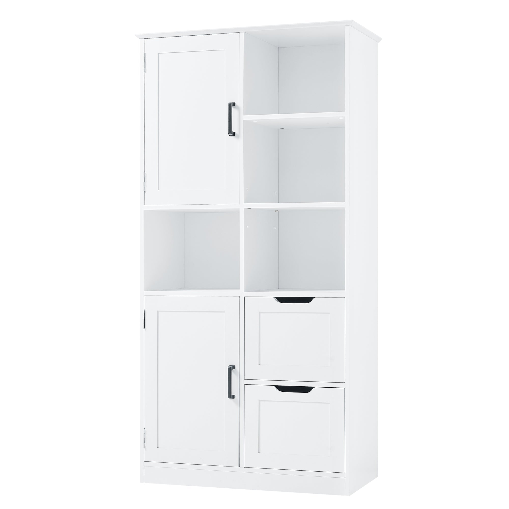 Bathroom storage cabinet with doors and drawers, multiple storage spaces, independent, open adjustable shelves, white