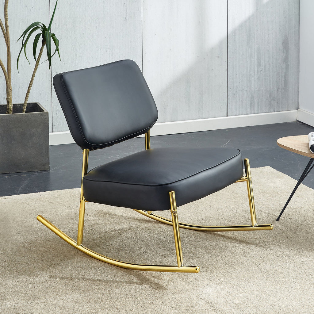 PU material cushioned rocking chair unique rocking chair cushioned seat black backrest rocking chair and gold metal legs