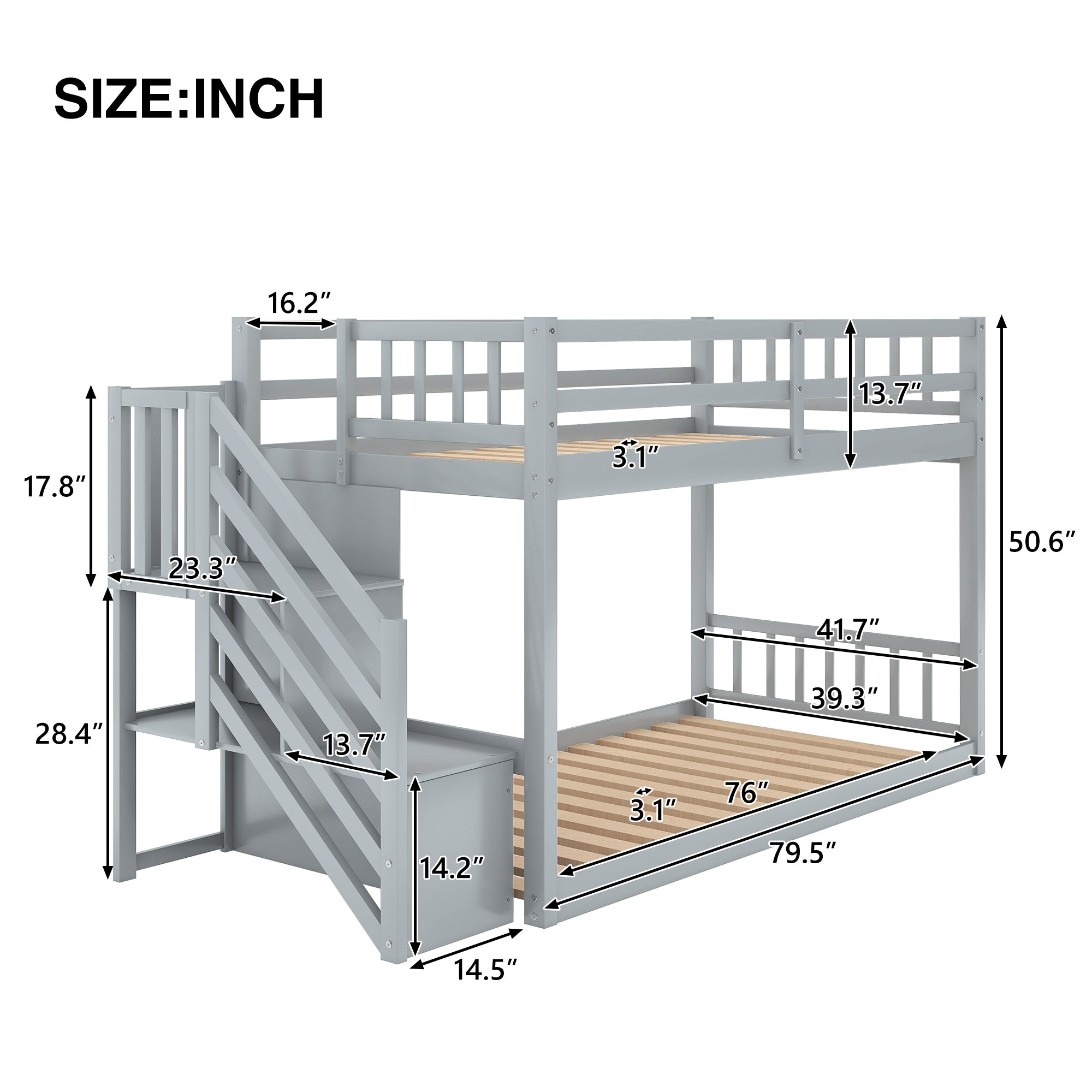Twin over Twin Floor Bunk Bed, Ladder with Storage  Gray