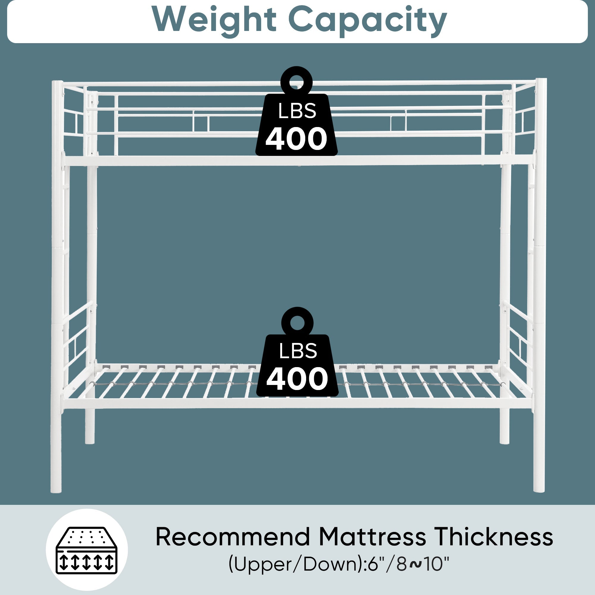 Twin metal bunk beds, metal structure bed frame with safety guardrails and 2 ladders, convertible bunk beds, white