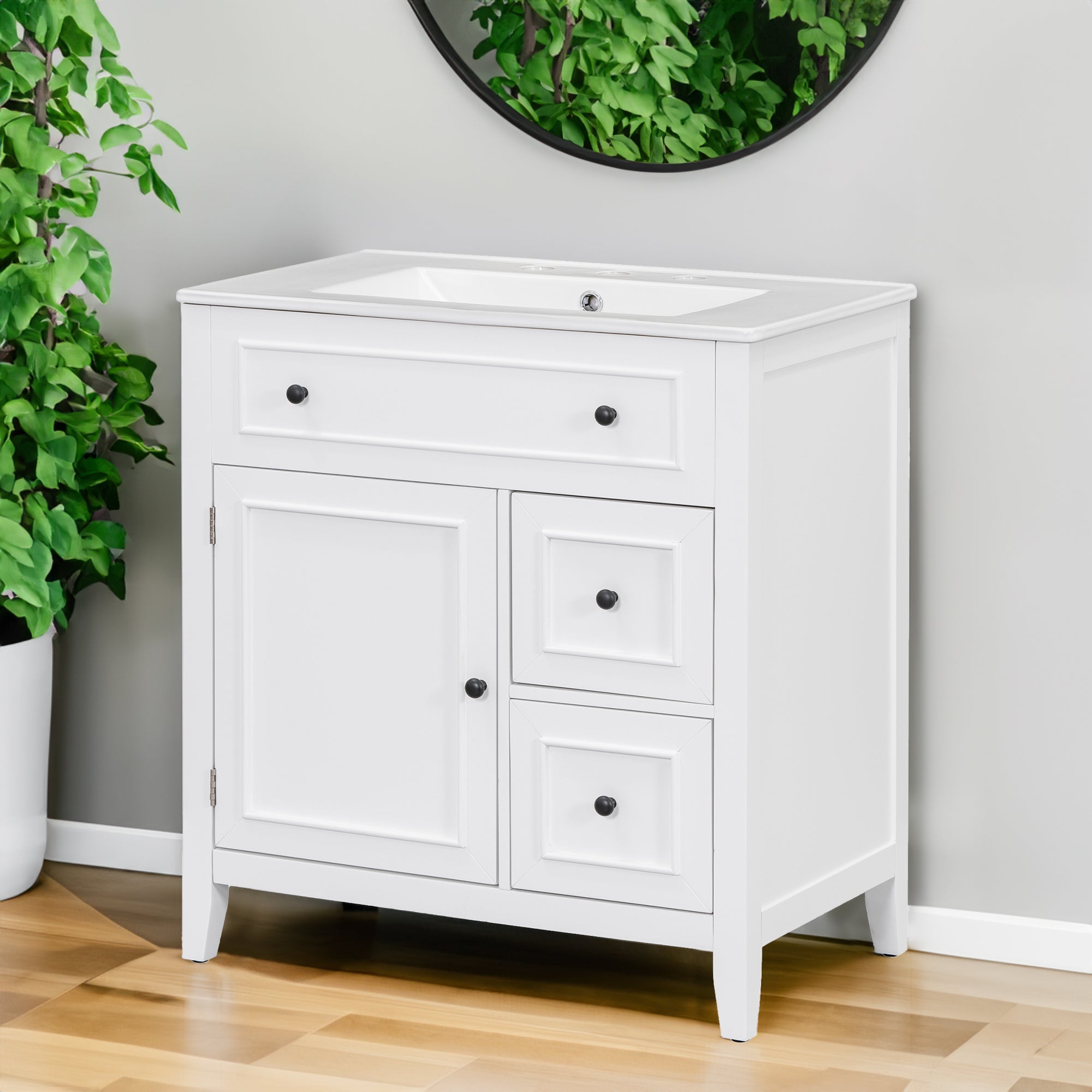 30" Bathroom Vanity with Sink Top, Bathroom Vanity Cabinet with Door and Two Drawers, Solid Wood Frame, One Package, White