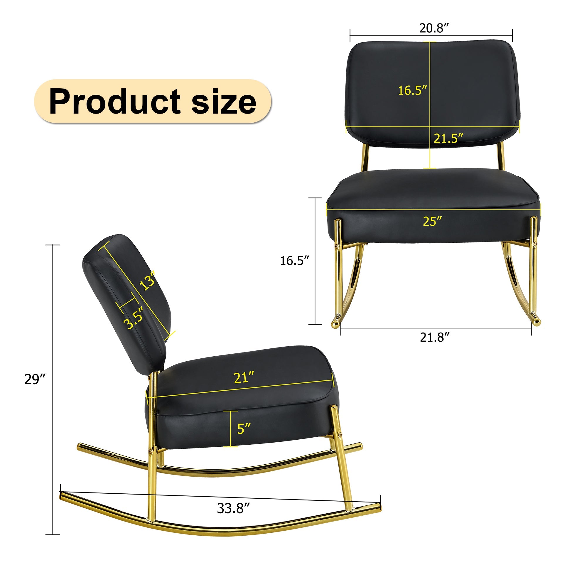PU material cushioned rocking chair unique rocking chair cushioned seat black backrest rocking chair and gold metal legs