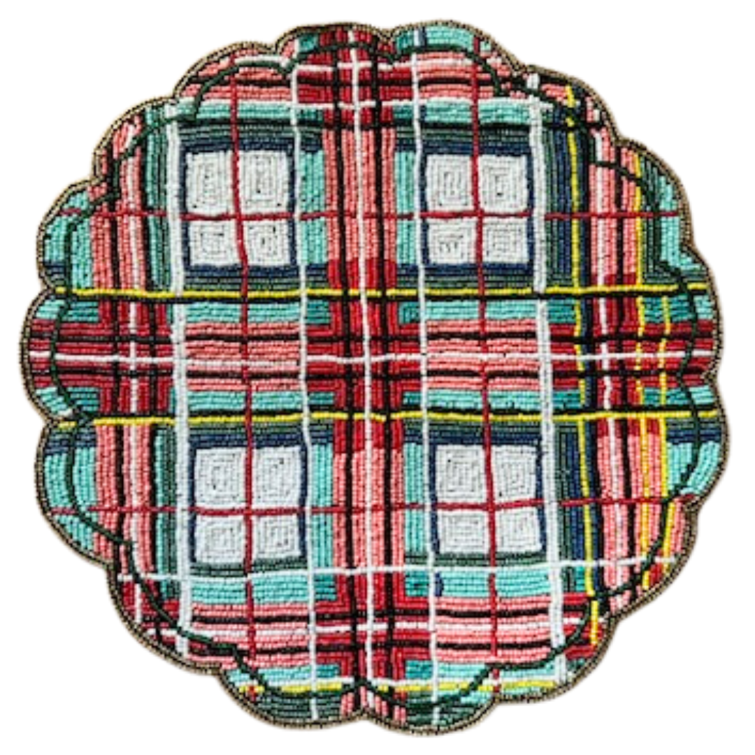 Christmas Beaded Plaid Placemat, Handmade Indian Beaded Tartan Decor, 14" Festive Dining Table Setting by Payton James