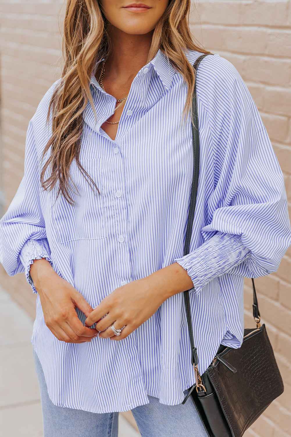 Striped Casual Blouse with Shirred Cuffs for Women