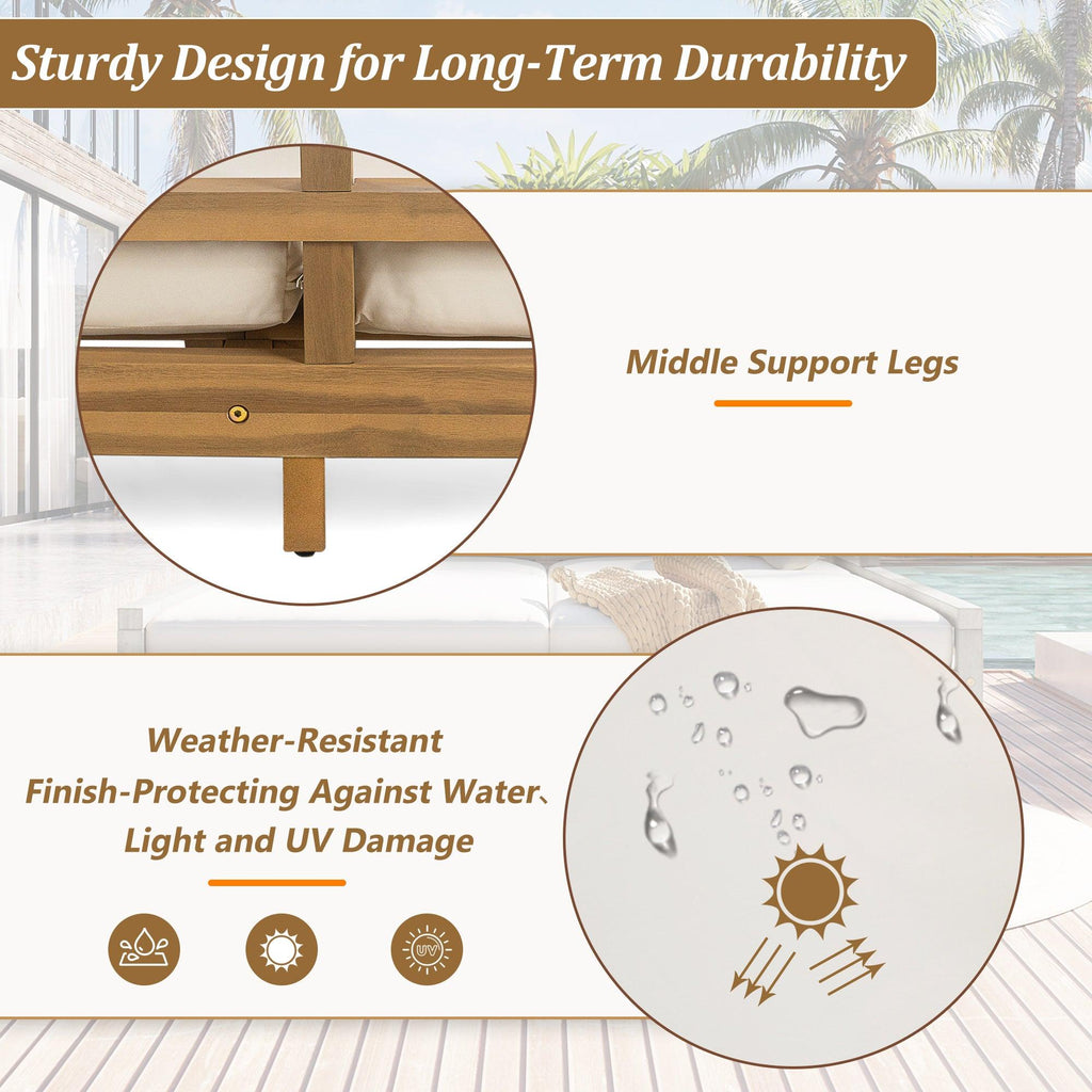 Outdoor Daybed, Patio Daybed with Four Pillows, Wooden Outdoor Bed with Curved Armrests for Poolside, Backyard, Garden