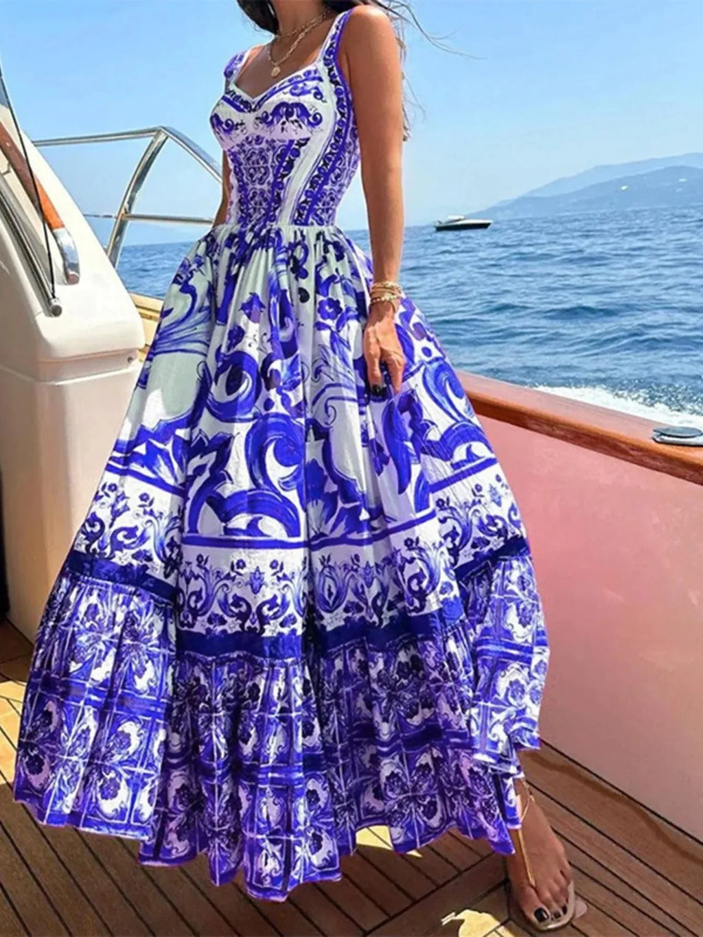 Full Size Boho Printed Sweetheart Neck Maxi Cami Dress