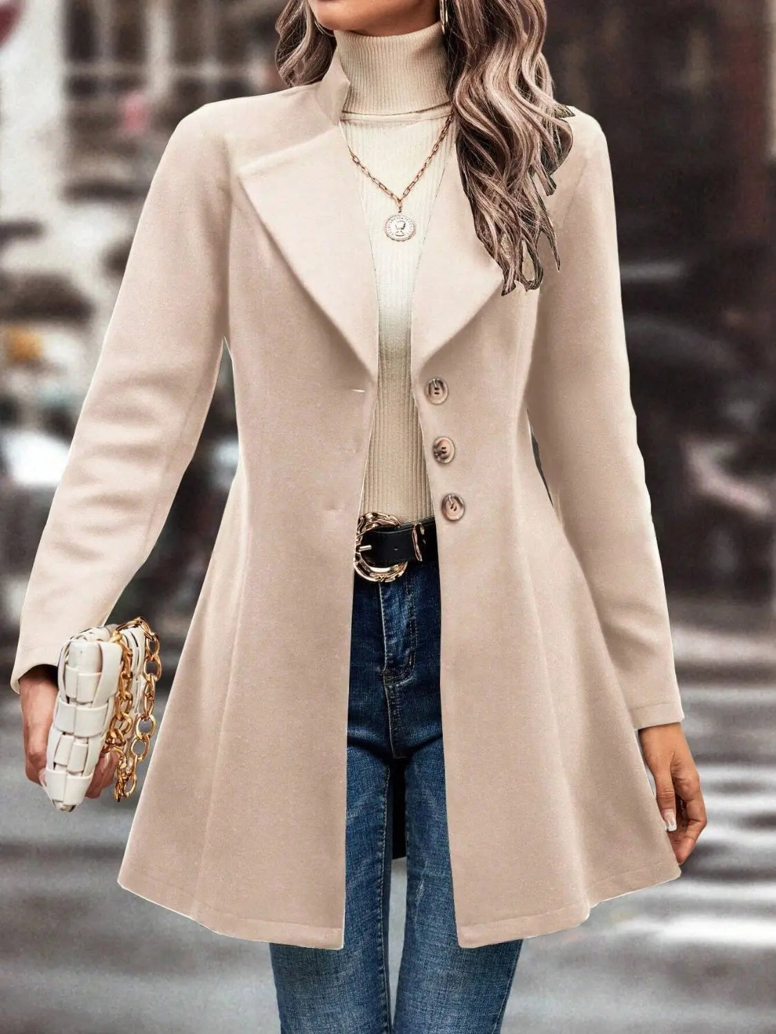 Collared Neck Long Sleeve Womens Longline Coat
